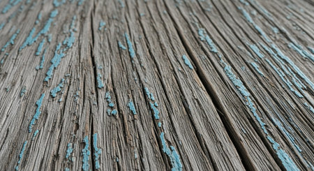 Weathered wooden planks with peeling paint create rustic textureの写真素材