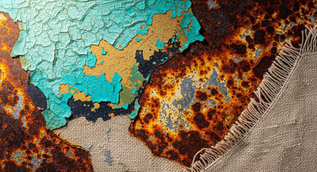 Rusting metal with peeling paint and burlap textile backdropの写真素材