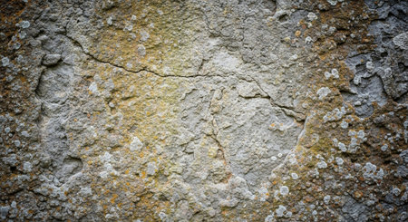 Close-up of weathered stone surface with cracks and lichen