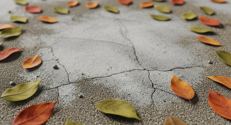 Autumn leaves on cracked concrete surface, top down viewの写真素材
