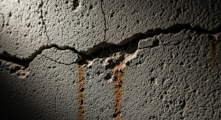 Cracked concrete wall with staining, showing structural damage closeupの写真素材