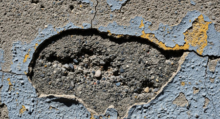 Weathered concrete wall with peeling paint layers and damage