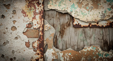 Distressed textured wall with peeling paint and exposed wood
