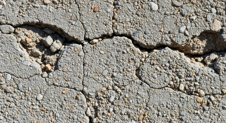 Cracked concrete surface with pebbles showing wear and tear