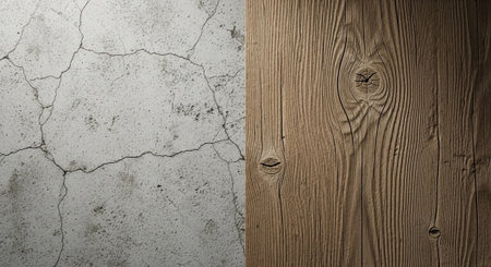Contrasting textures of concrete and wood, split backgroundの写真素材