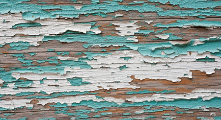 Peeling paint on wooden surface creating rustic background textureの写真素材
