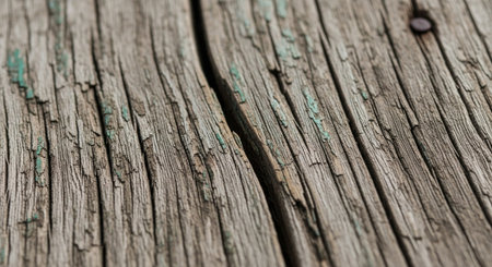 Weathered wooden surface with cracked and peeling turquoise paint