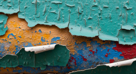 Colorful cracked paint on weathered surface creates vibrant texture