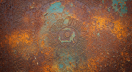 Ornate rusty metal texture with circular patterns and decayの写真素材