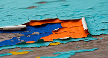 Flaking paint layers on weathered wood create colorful textureの写真素材