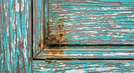 Weathered turquoise wooden paneling with peeling paint texture background