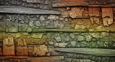 Rustic wooden wall with peeling plaster and vibrant colorsの写真素材