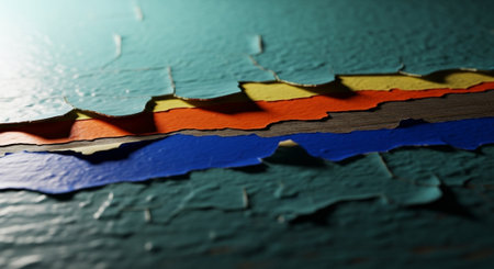 Layers of peeling paint on a textured surface, macro