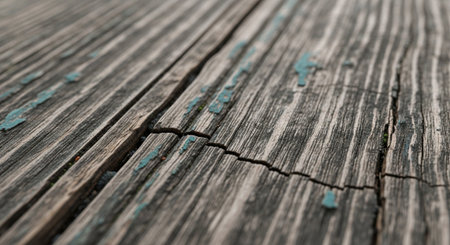 Weathered wood planks surface with cracked texture and fading paint