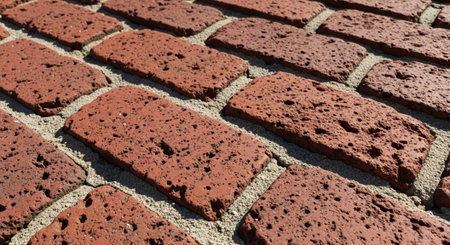 Detailed red brick pavement surface with grainy filling material