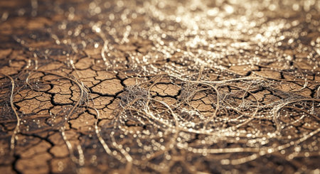 Cracked earth with tangled roots and light reflectionsの写真素材