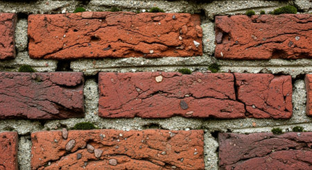 Close-up of weathered red brick wall with gray mortar