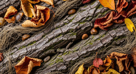 Autumnal display of leaves and stones on textured bark