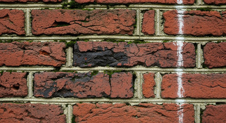 Textured red brick wall background with aging and moss detail