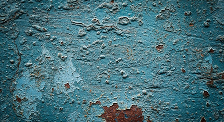 Close-up of weathered blue paint with rust texture backdrop