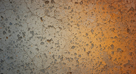 Cracked and weathered concrete surface with rust discoloration detail