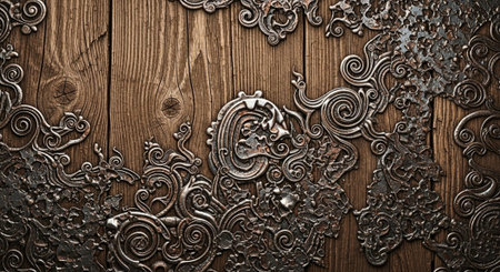 Vintage Wood Texture with Rusty Metal Ornate Decorationsの写真素材