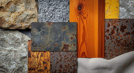 Rustic materials background with stones, wood, metal and fabric