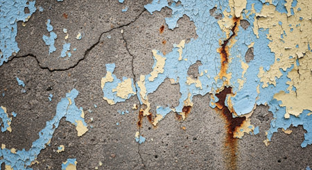 Weathered concrete surface with cracked and peeling paint layers