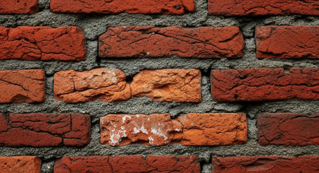 Rustic red brick wall with textured gray mortar lines