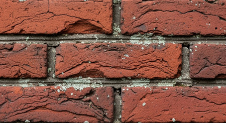 Close-up of weathered red brick wall with lichen growth