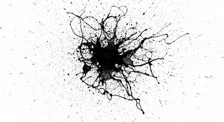 Abstract black ink splatter with radiating lines on white