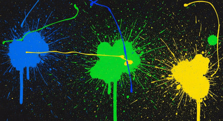 Vibrant paint splatters on a dark background, abstract expression