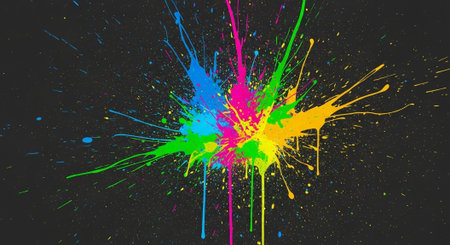 Vibrant neon paint splash explosion on dark background design