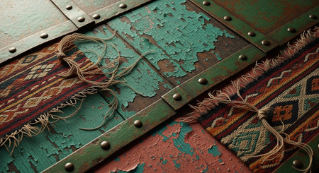 Rustic trunk detail with vibrant textile and weathered texture