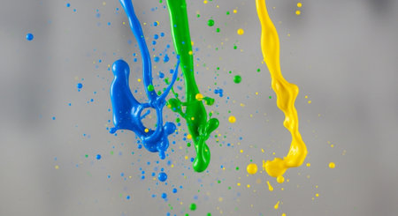 Vibrant primary colored paints splash mid-air on gray backgroundの写真素材