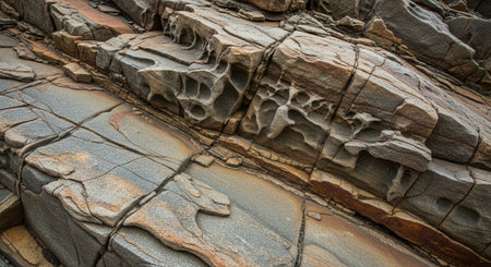 Detailed rock formation with weathered textures and diagonal compositionの写真素材