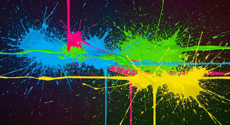 Vibrant paint splatters artfully arranged on a black background