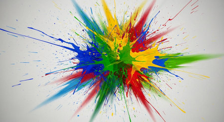 Colorful paint splashes radiating outward on a white background
