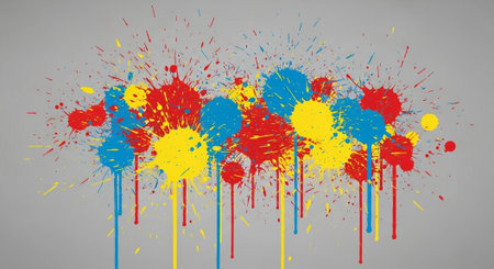 Dynamic arrangement of colorful paint splatters on neutral background