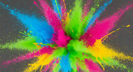 Colorful powder explosion against dark gray background abstract image