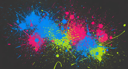Abstract vibrant paint splatters on dark background graphic design