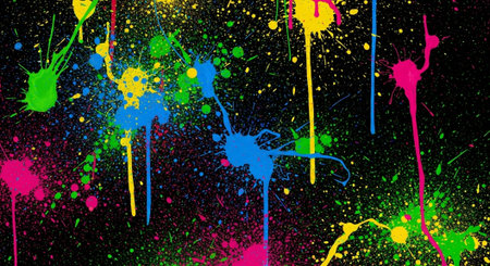 Colorful paint splatters against a dark abstract background design