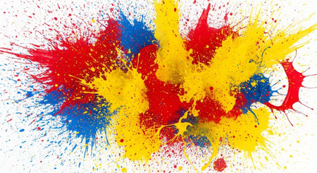 Vibrant Splashes of Red Yellow and Blue Paint on Whiteの写真素材