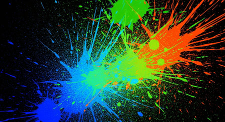 Colorful paint splatters on a black background create abstract art
