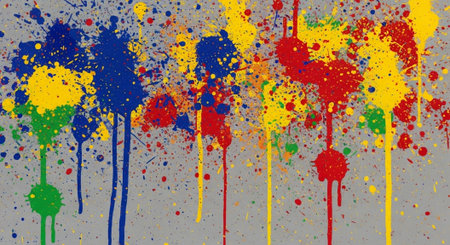 Dynamic vibrant paint splatters on a neutral grey background