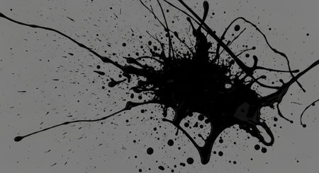 Black paint splatter on gray background with dynamic linesの写真素材