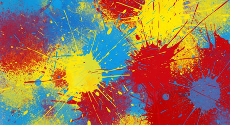 Abstract splattered background of primary colors, creating a vibrant effect