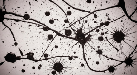 Abstract black ink splatters on white background creating dynamic visuals