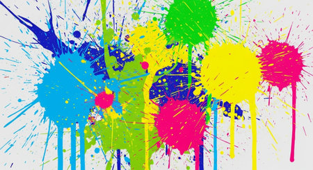 Colorful paint splatters on white backdrop showcasing vibrant energy