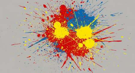 Colorful paint splatter explosion with primary colors on gray